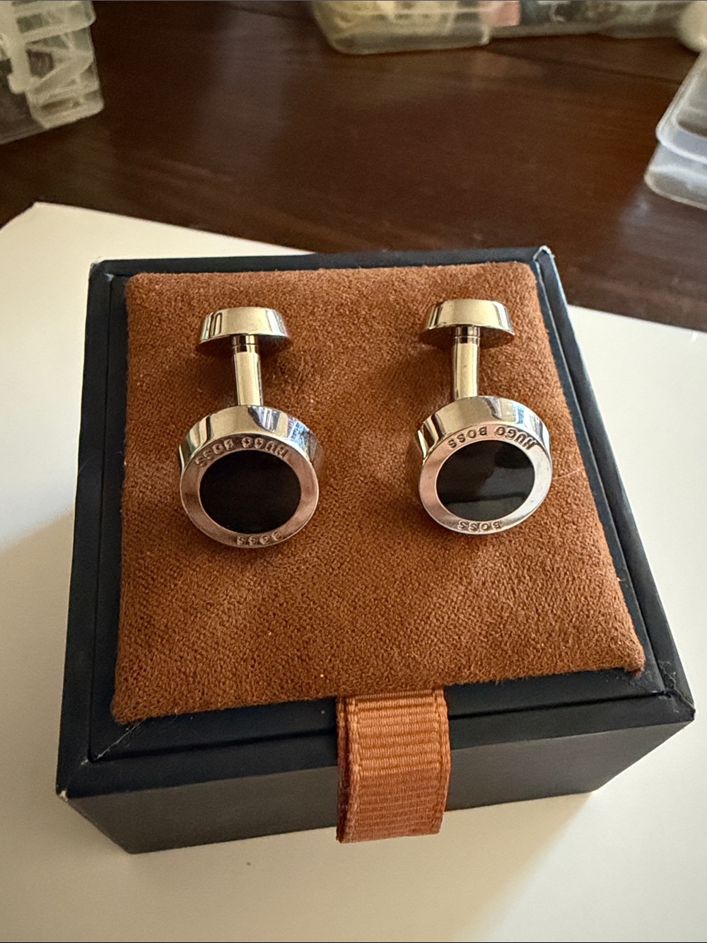 Hugo Boss Rose Gold Tone Cufflinks with Black Inset